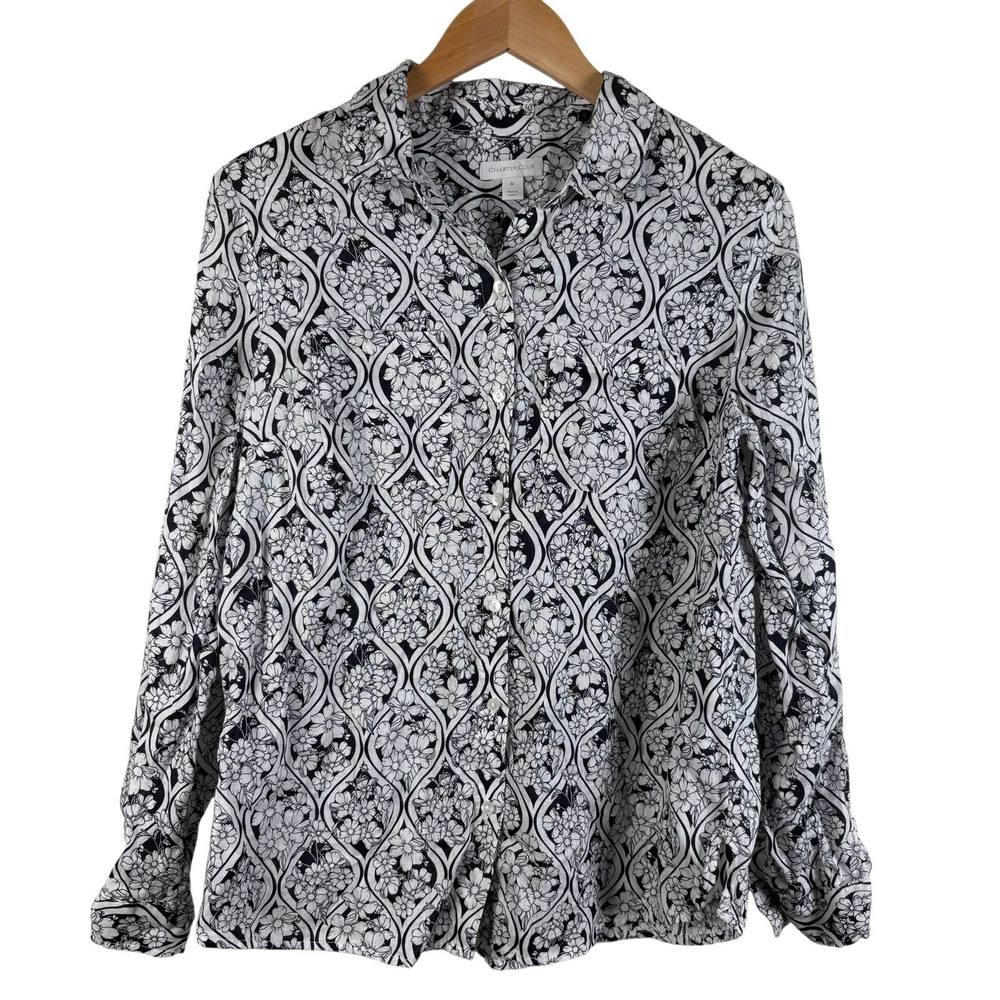 CHARTER CLUB Button-Up Blouse‎ Women's Size M Navy Linen Floral Long Sleeve Top